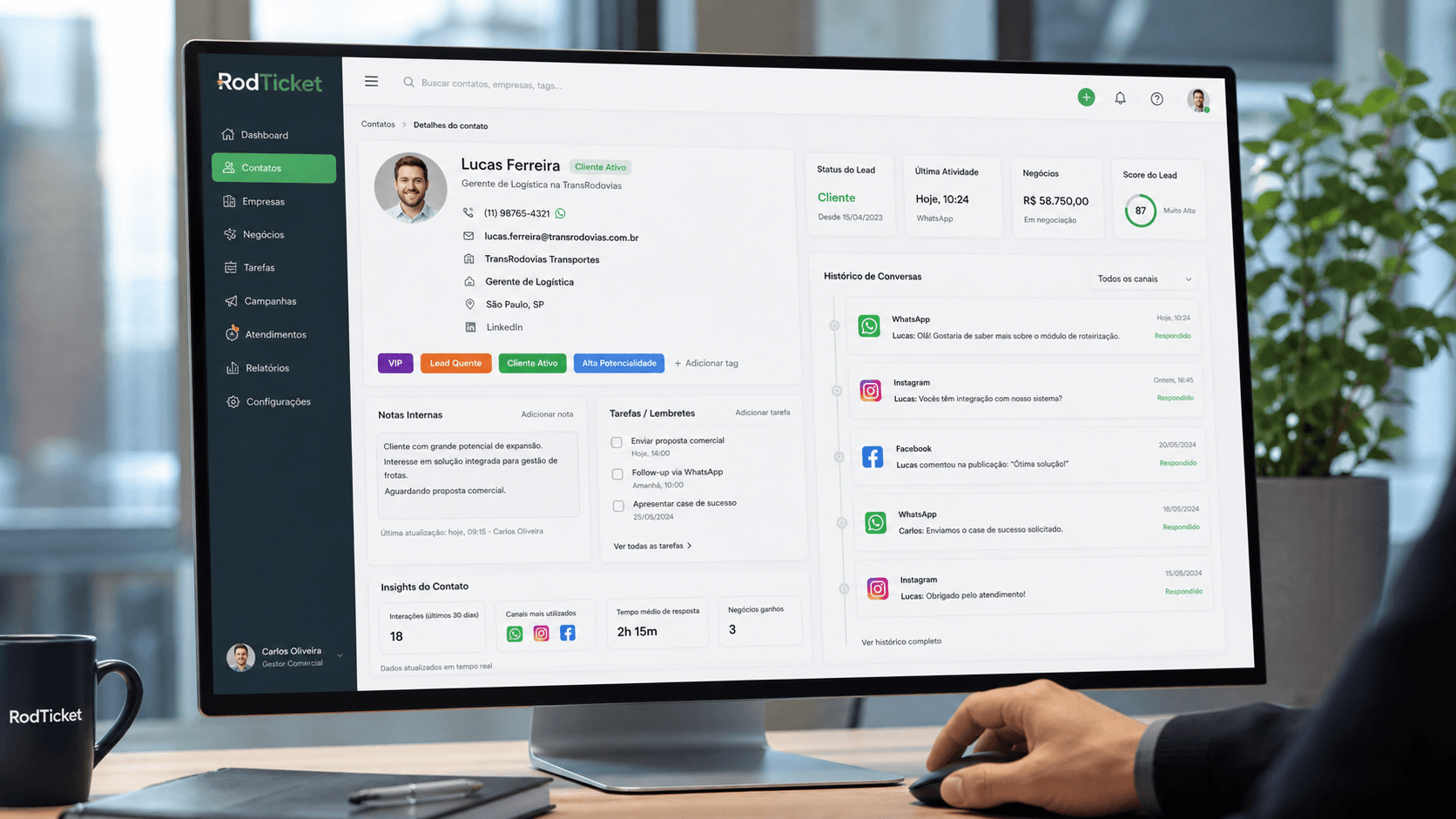 Demonstração da funcionalidade: Gestão de Contatos e CRM